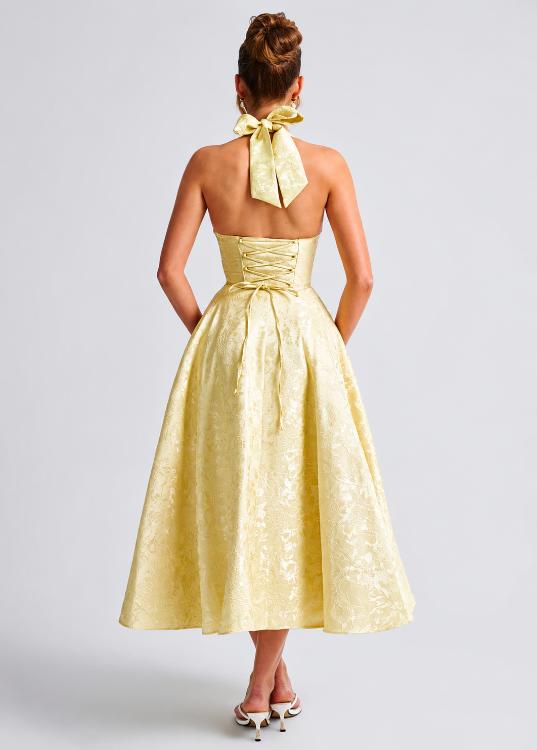 V-neck Halter Sleeveless Jacquard Lace-up Waist Vacation Style Long Senior Dress Jovera Joyce