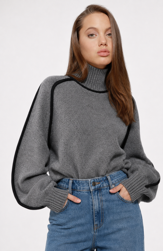 Contrast High Neck Raglan Lantern Sleeve Sweater For Women Jovera Joyce