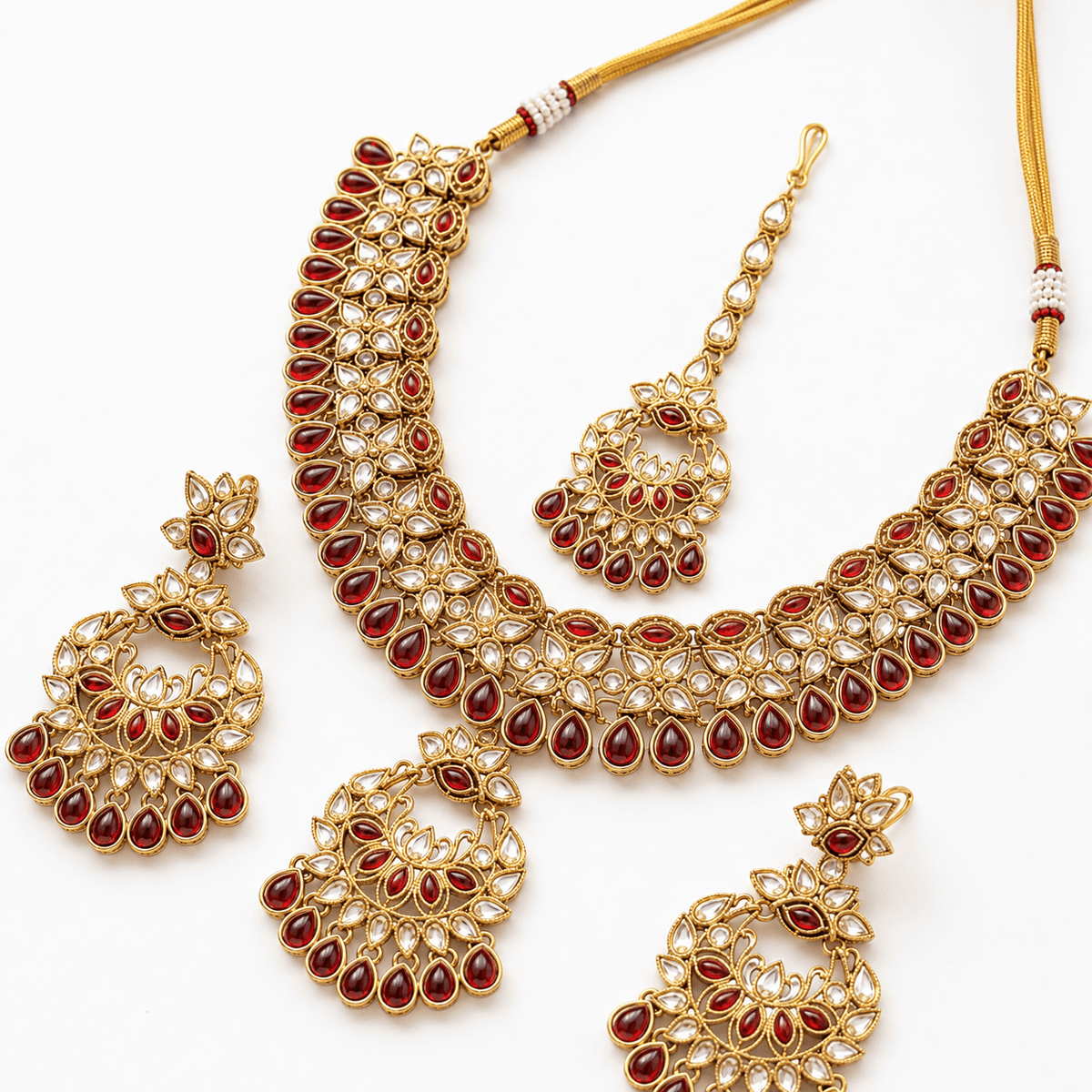 Joyce Maharani Ruby Kundan Bridal Jewellery Set with Necklace, Earrings & Maang Tikka - Jovera Joyce