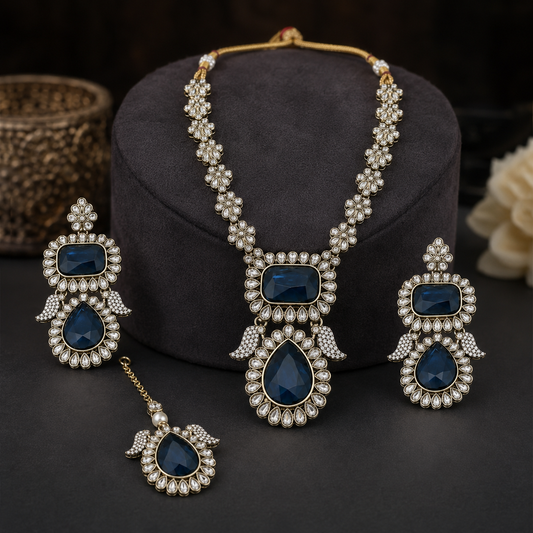 Joyce Élan Royale – Navy Blue Antique Kundan Long Necklace Set Jovera Joyce