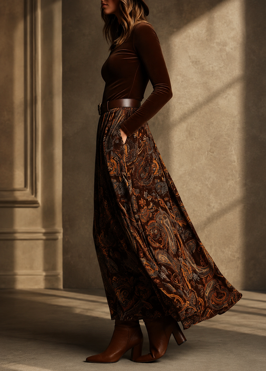 Vintage Velvet Two-Piece Maxi Dress - Square Neck Long Sleeve Top & Paisley Print Flowy Skirt Set With Belt Jovera Joyce
