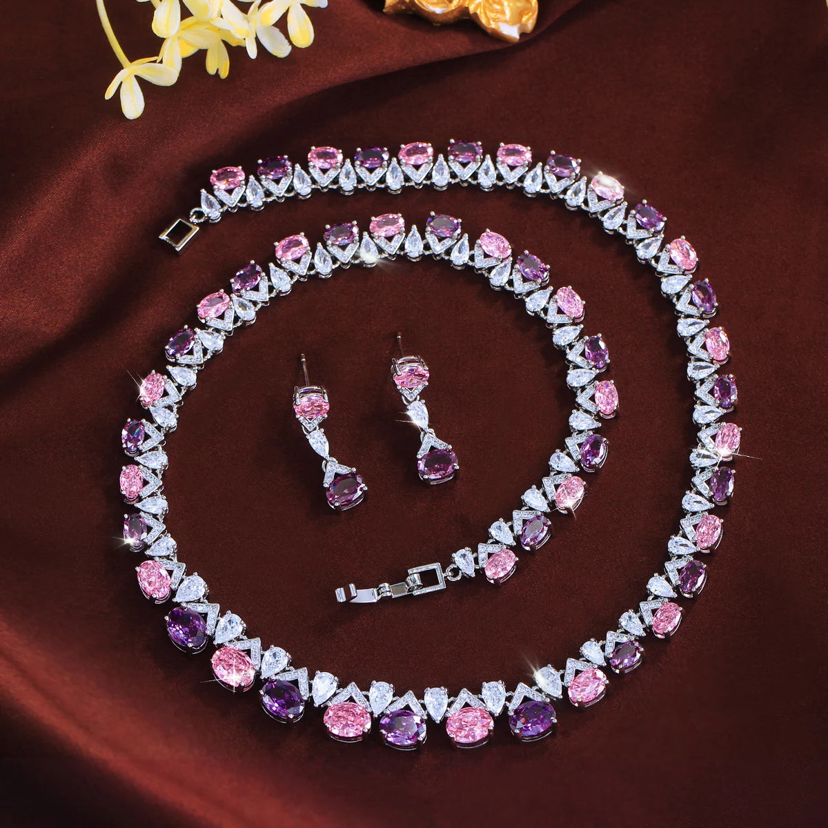 Rhodium Plated Purple Pink CZ Oval Tennis Necklace Dangle Earrings Set Geometric Zircon Set for Fiancee Engagement Jewelry Jovera Joyce