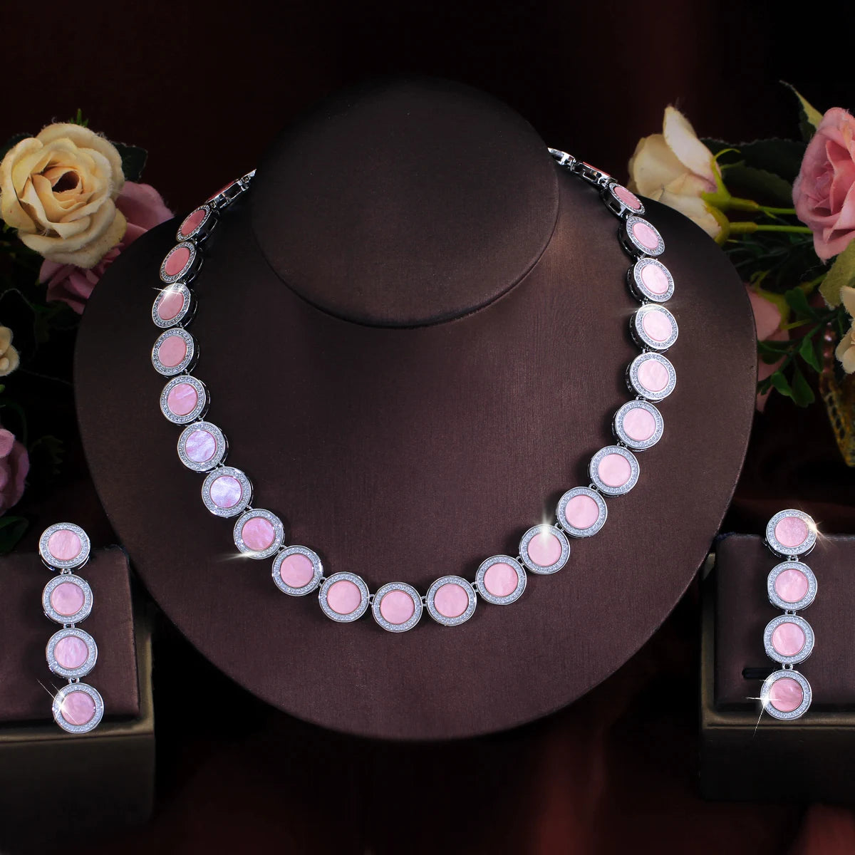 Glamorous Acrylic Pink Color Round Design Jewelry Set Cubic Zircon Earring Necklace Set for Women Evening Prom Statement Jewelry Jovera Joyce