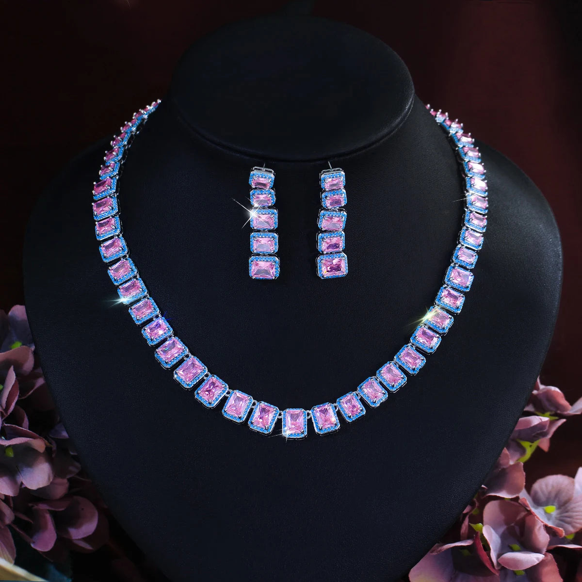 Rhodium Plated CZ Pink Baguette Tennis Necklace Earring Set Blue Turquoise Zircon Jewelry Set for Brides Wedding Engagement Gift Jovera Joyce