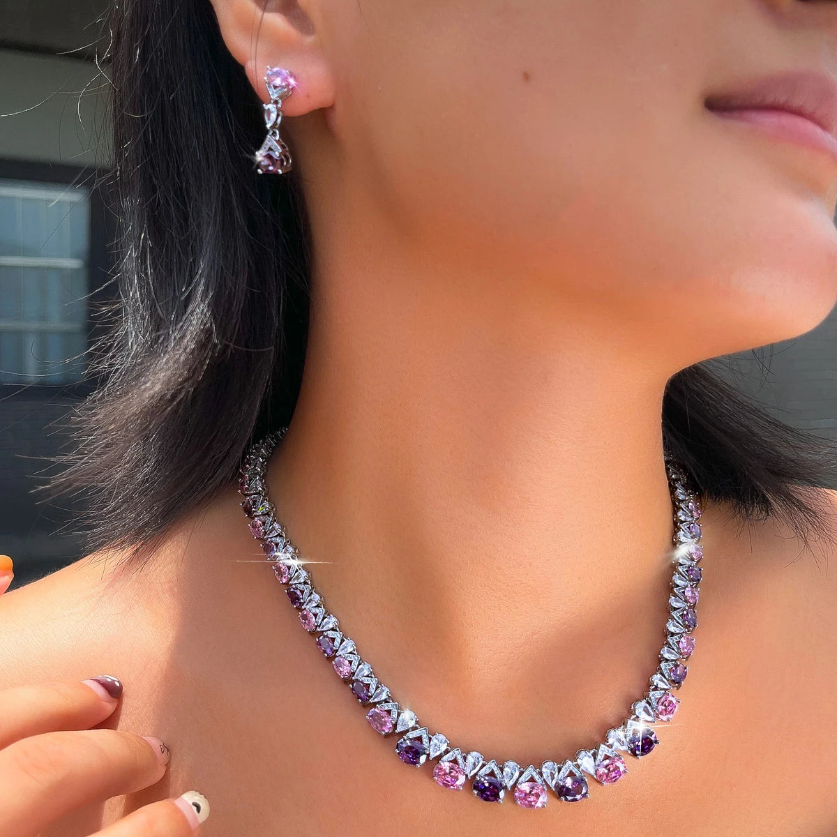 Rhodium Plated Purple Pink CZ Oval Tennis Necklace Dangle Earrings Set Geometric Zircon Set for Fiancee Engagement Jewelry Jovera Joyce