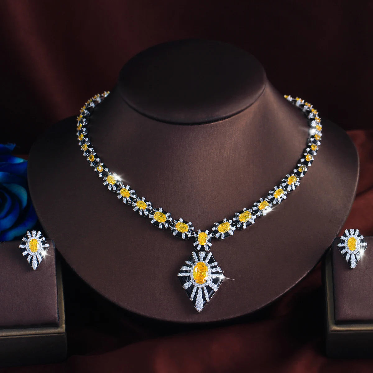 Vintage Geometric Black Enamel Yellow CZ Jewelry Set Dubai Bridal Zircon Necklace Earring Set for Women Evening Dress Jewelry Jovera Joyce