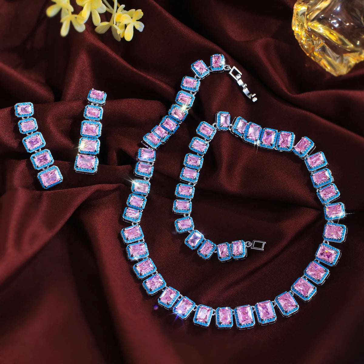 Rhodium Plated CZ Pink Baguette Tennis Necklace Earring Set Blue Turquoise Zircon Jewelry Set for Brides Wedding Engagement Gift Jovera Joyce