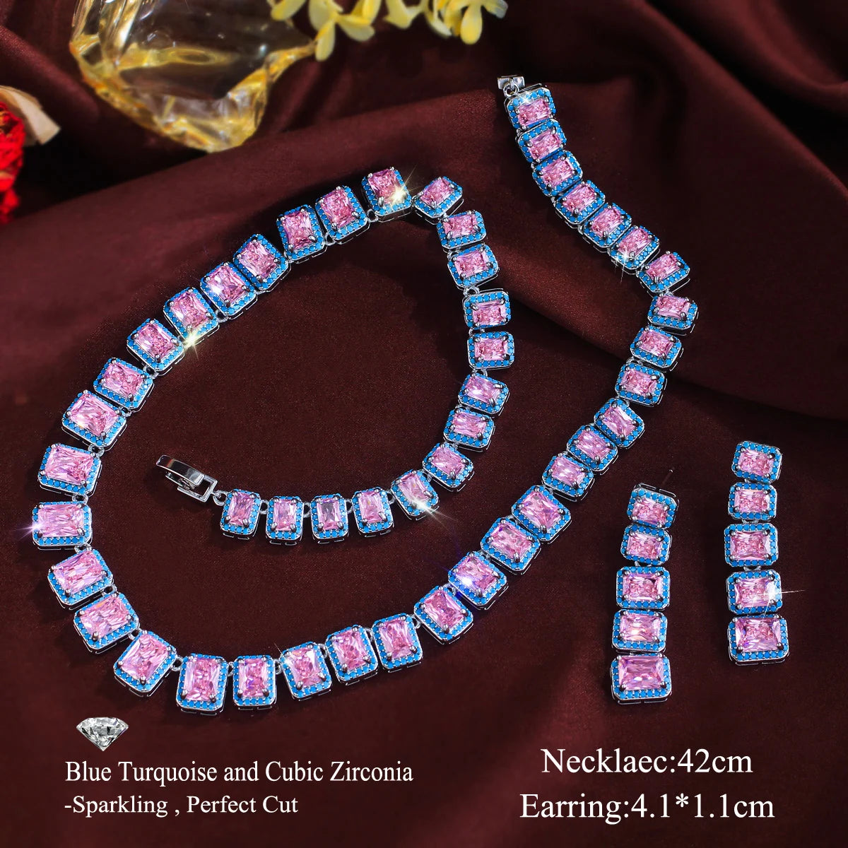 Rhodium Plated CZ Pink Baguette Tennis Necklace Earring Set Blue Turquoise Zircon Jewelry Set for Brides Wedding Engagement Gift Jovera Joyce