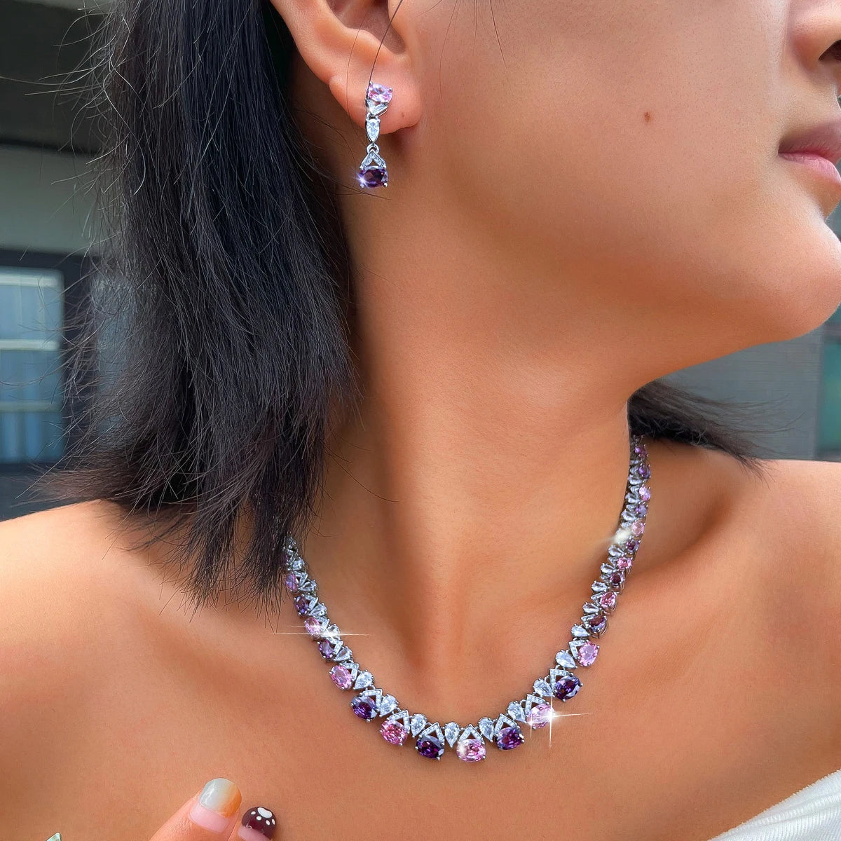 Rhodium Plated Purple Pink CZ Oval Tennis Necklace Dangle Earrings Set Geometric Zircon Set for Fiancee Engagement Jewelry Jovera Joyce