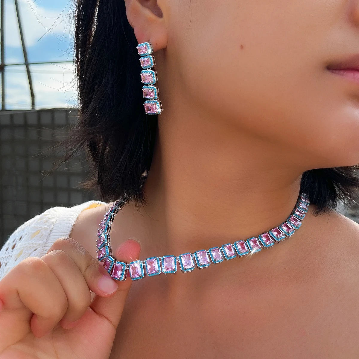 Rhodium Plated CZ Pink Baguette Tennis Necklace Earring Set Blue Turquoise Zircon Jewelry Set for Brides Wedding Engagement Gift Jovera Joyce