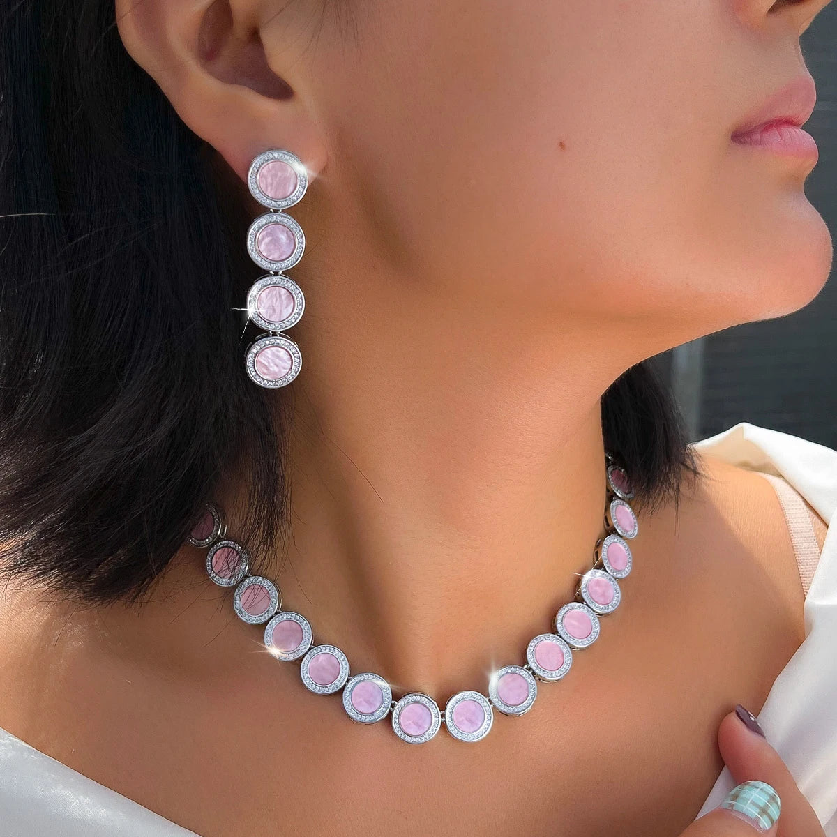 Glamorous Acrylic Pink Color Round Design Jewelry Set Cubic Zircon Earring Necklace Set for Women Evening Prom Statement Jewelry Jovera Joyce