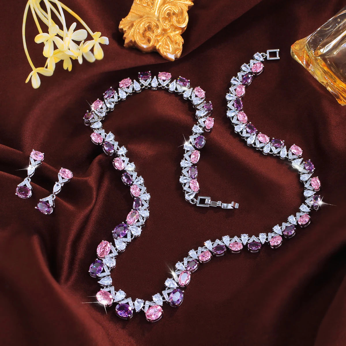Rhodium Plated Purple Pink CZ Oval Tennis Necklace Dangle Earrings Set Geometric Zircon Set for Fiancee Engagement Jewelry Jovera Joyce