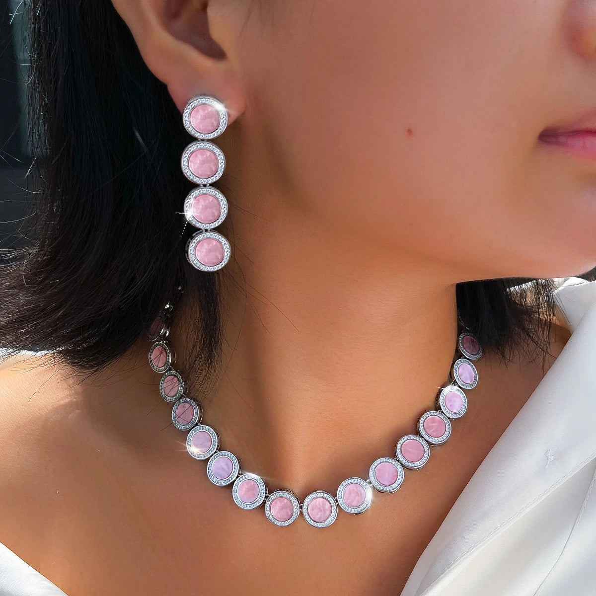 Glamorous Acrylic Pink Color Round Design Jewelry Set Cubic Zircon Earring Necklace Set for Women Evening Prom Statement Jewelry Jovera Joyce