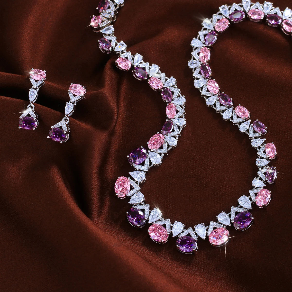 Rhodium Plated Purple Pink CZ Oval Tennis Necklace Dangle Earrings Set Geometric Zircon Set for Fiancee Engagement Jewelry Jovera Joyce