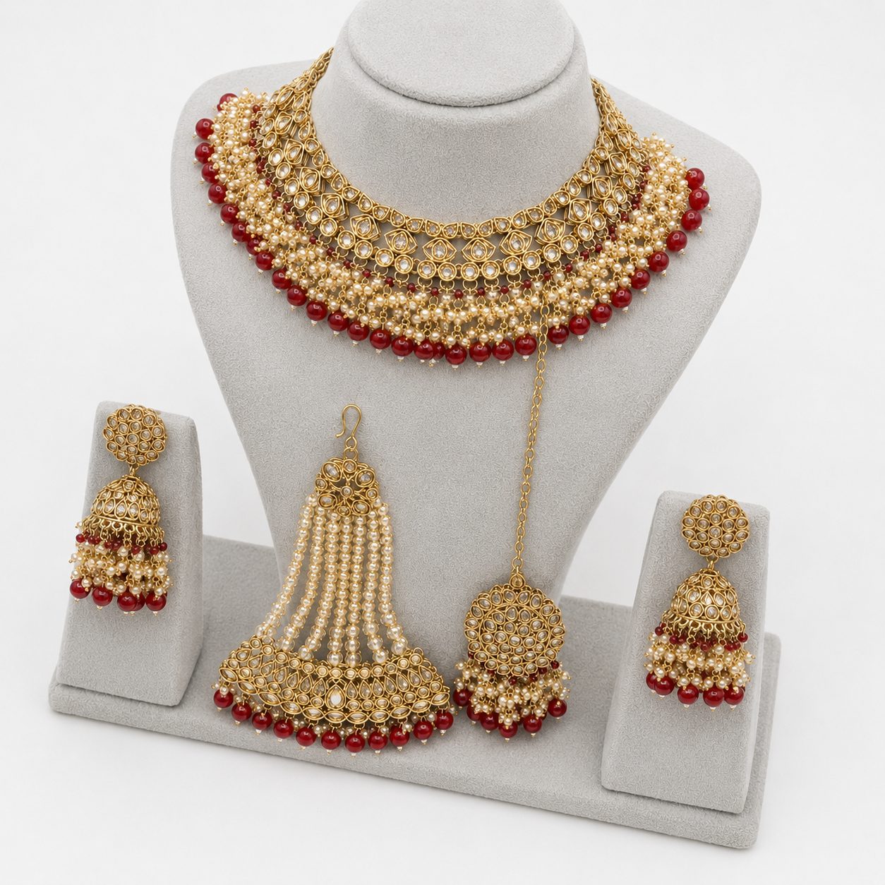 Luxury High Quality Vintage Alloy Rhodium Plated Crystal Rhinestone Choker Necklace Set Earrings Maang Tikka Ring Wedding Jovera Joyce