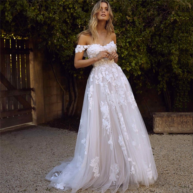 Lace Wedding Dresses Off The Shoulder Appliques A-Line Bride Dress Princess Wedding Gown Bridal Dress - Jovera Joyce
