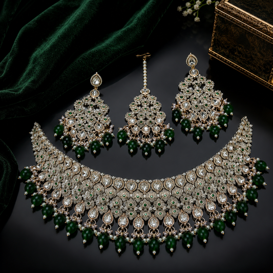 Premium Grade Trending Fancy Collection Gold Plated Kundan Pearl Green Stone Wedding Ethnic Necklace Set Women's Jewelry Third Jovera Joyce