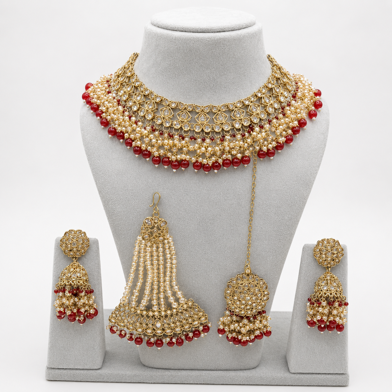 Luxury High Quality Vintage Alloy Rhodium Plated Crystal Rhinestone Choker Necklace Set Earrings Maang Tikka Ring Wedding Jovera Joyce