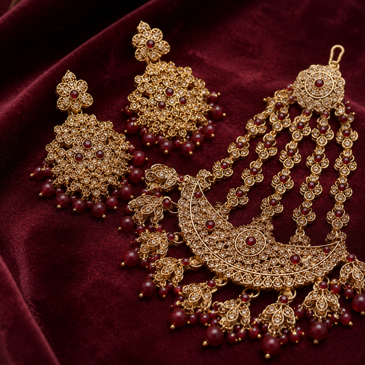 New High Quality Latest Designed Ethnic Bridal Brass Gold-Plated Rhodium Plated Maang Tikka Necklace Earrings Set Green Gift Jovera Joyce