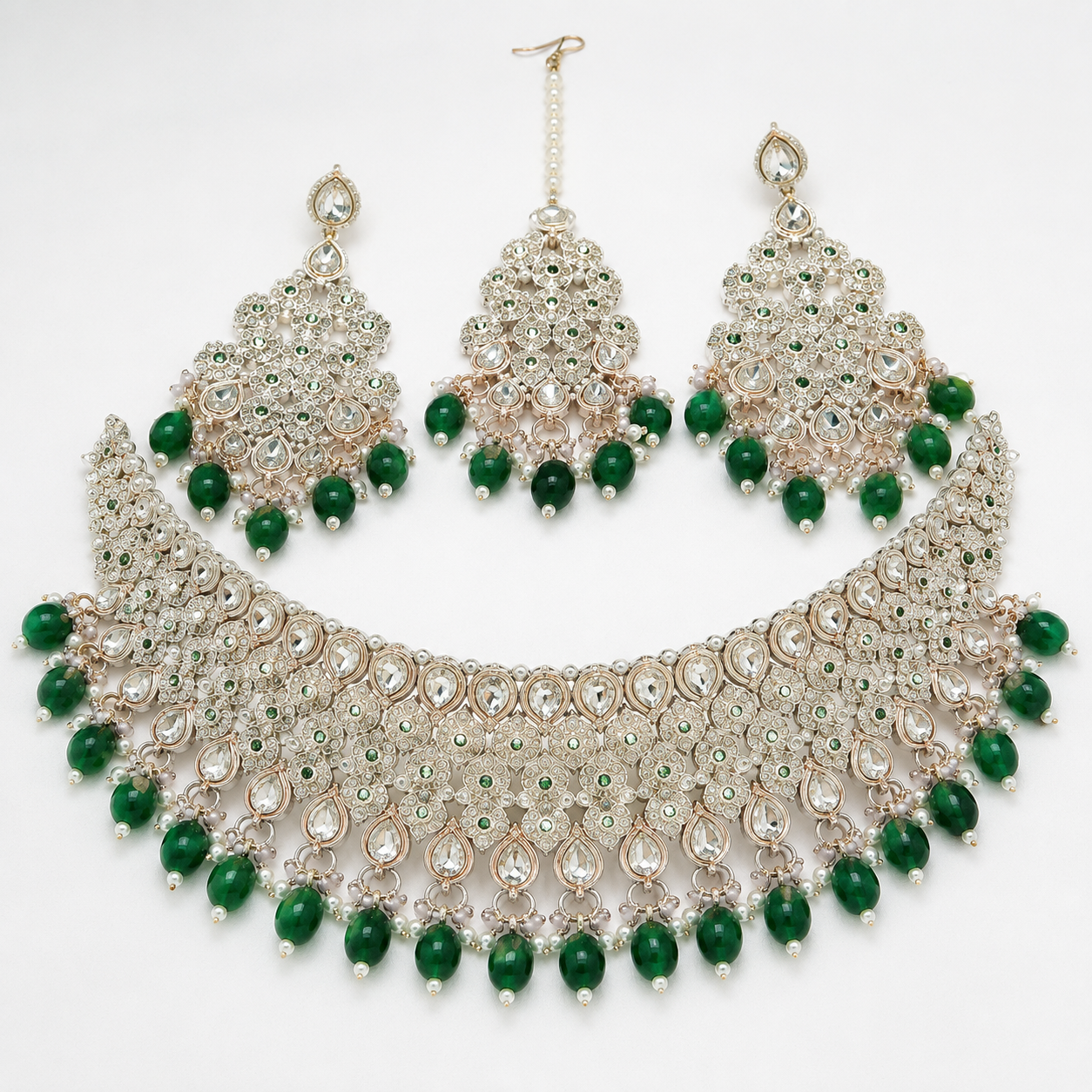 Premium Grade Trending Fancy Collection Gold Plated Kundan Pearl Green Stone Wedding Ethnic Necklace Set Women's Jewelry Third Jovera Joyce