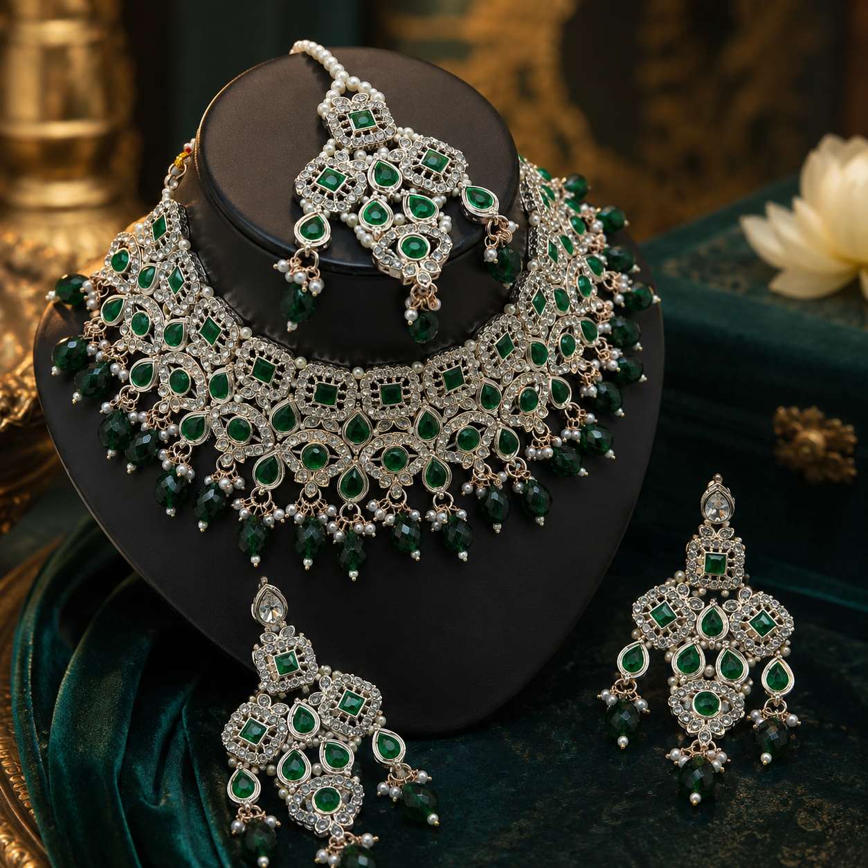High Quality Latest Designed Gold Plated Brass Zircon Kundan Ethnic Engagement Wedding Anniversary Party Gift Jewelry Set Choker Jovera Joyce