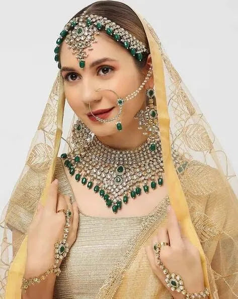 Exquisite Green Meenakari Imitation Bridal Jewellery Set Choker Jhumkas Mathapatti Nath Ethnic Gold Wedding Party Gift Jovera Joyce