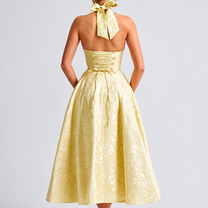 V-neck Halter Sleeveless Jacquard Lace-up Waist Vacation Style Long Senior Dress Jovera Joyce