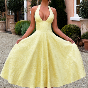 V-neck Halter Sleeveless Jacquard Lace-up Waist Vacation Style Long Senior Dress Jovera Joyce