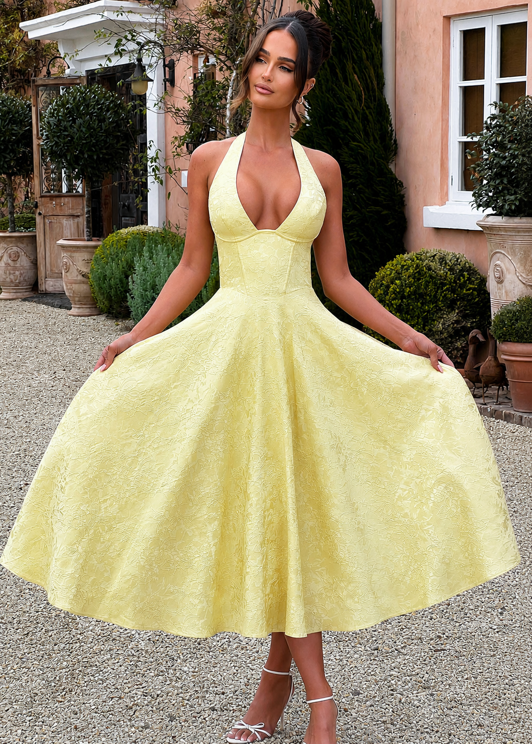 V-neck Halter Sleeveless Jacquard Lace-up Waist Vacation Style Long Senior Dress Jovera Joyce