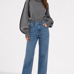 Contrast High Neck Raglan Lantern Sleeve Sweater For Women Jovera Joyce