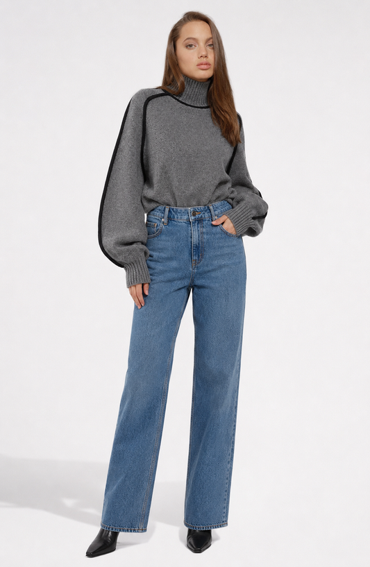 Contrast High Neck Raglan Lantern Sleeve Sweater For Women Jovera Joyce