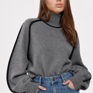 Contrast High Neck Raglan Lantern Sleeve Sweater For Women Jovera Joyce