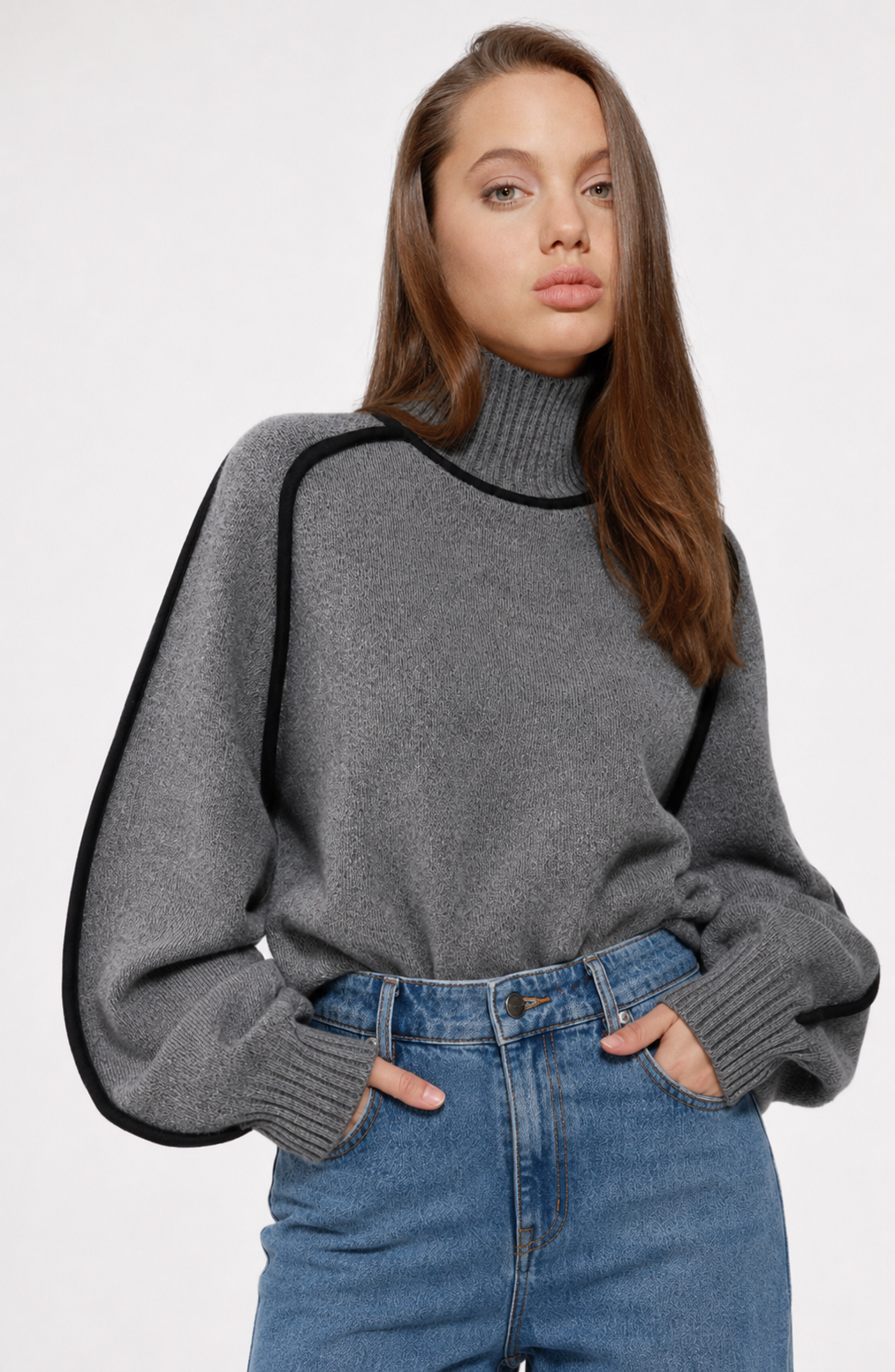 Contrast High Neck Raglan Lantern Sleeve Sweater For Women Jovera Joyce
