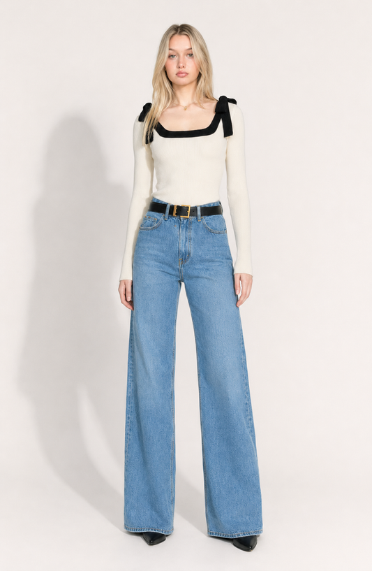 Women's Square Collar Bow Slim-fit Knitted Long-sleeved Bottoming Shirt Jovera Joyce