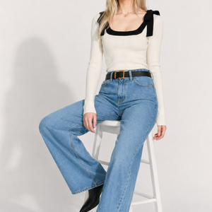 Women's Square Collar Bow Slim-fit Knitted Long-sleeved Bottoming Shirt Jovera Joyce