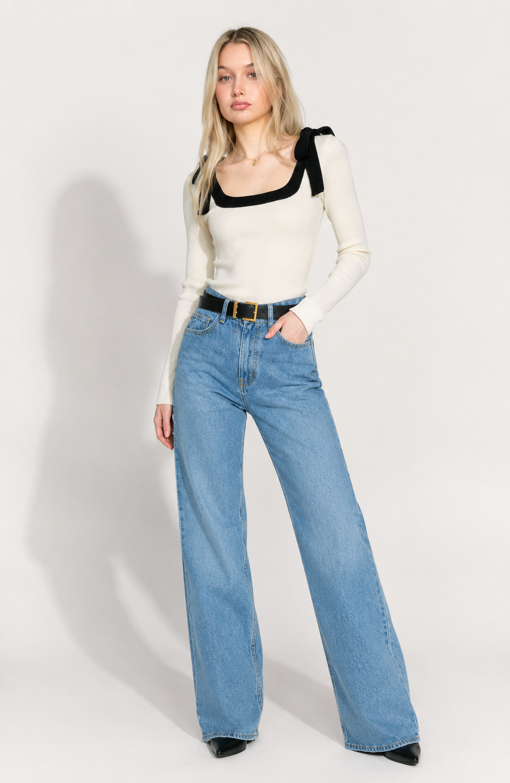 Women's Square Collar Bow Slim-fit Knitted Long-sleeved Bottoming Shirt Jovera Joyce