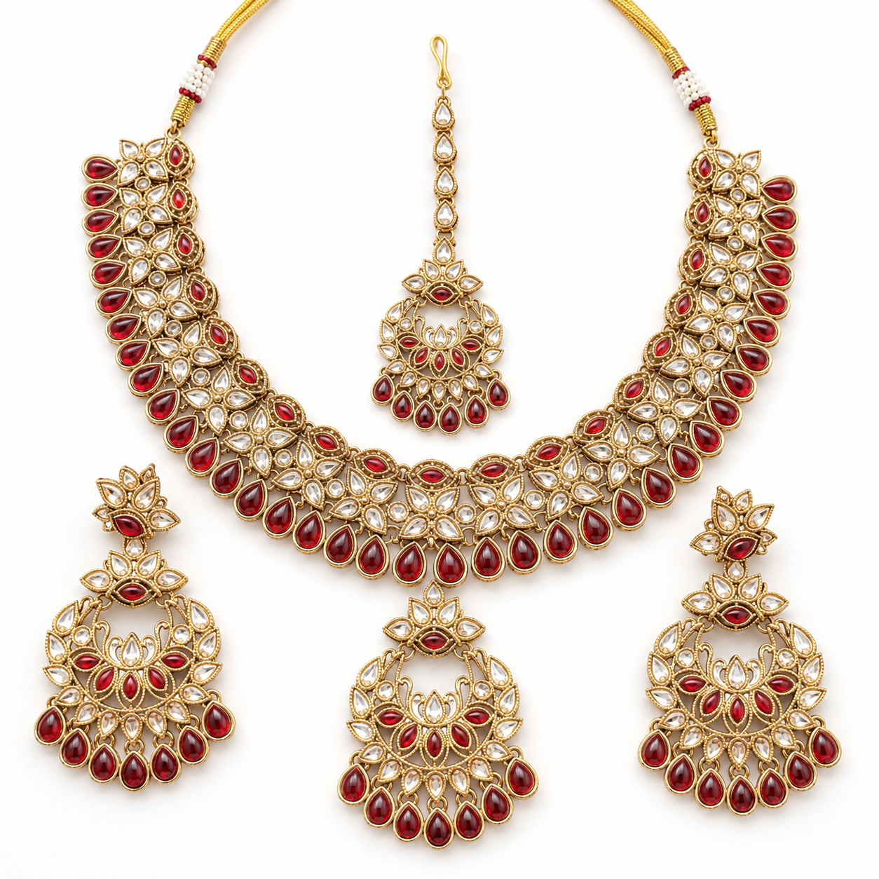 Joyce Maharani Ruby Kundan Bridal Jewellery Set with Necklace, Earrings & Maang Tikka Jovera Joyce