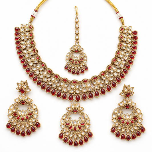 Joyce Maharani Ruby Kundan Bridal Jewellery Set with Necklace, Earrings & Maang Tikka Jovera Joyce