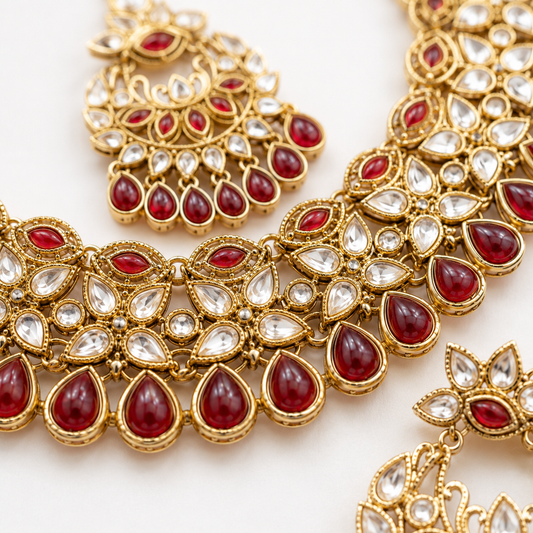 Joyce Maharani Ruby Kundan Bridal Jewellery Set with Necklace, Earrings & Maang Tikka Jovera Joyce