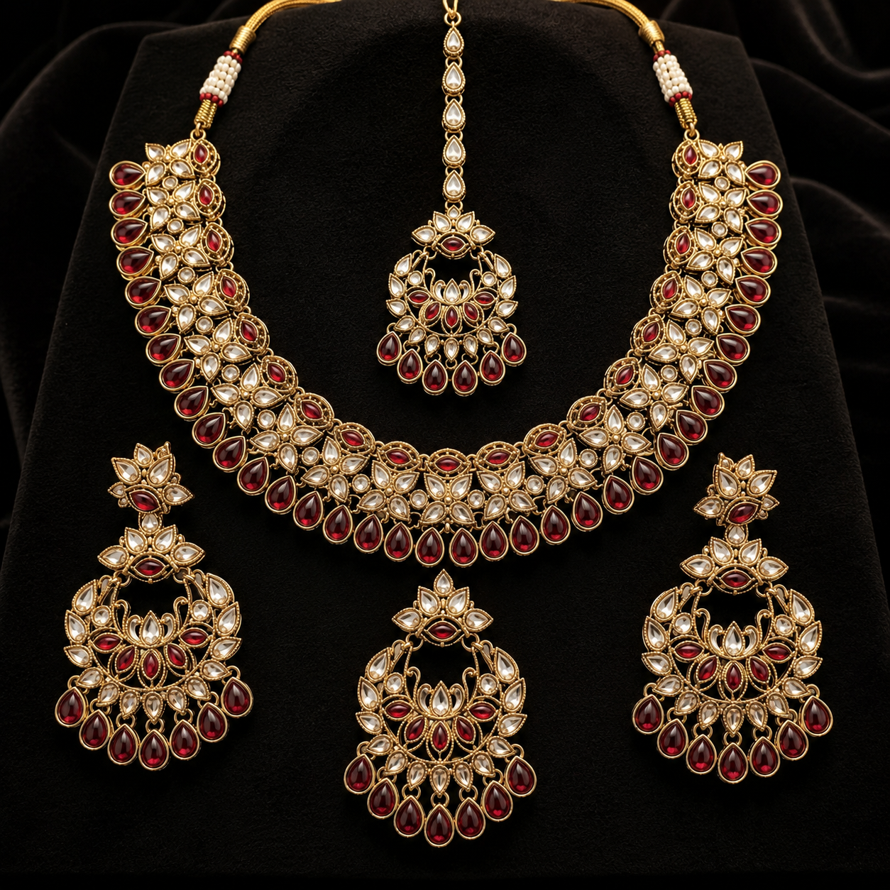 Joyce Maharani Ruby Kundan Bridal Jewellery Set with Necklace, Earrings & Maang Tikka Jovera Joyce