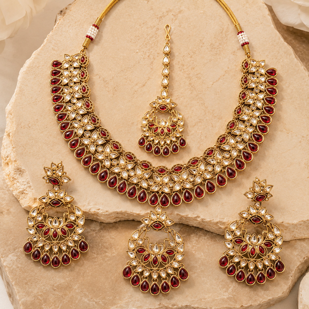 Joyce Maharani Ruby Kundan Bridal Jewellery Set with Necklace, Earrings & Maang Tikka Jovera Joyce