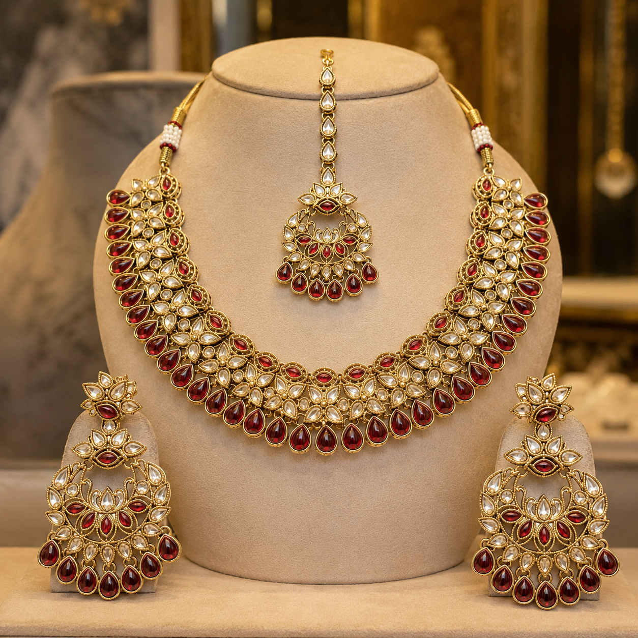 Joyce Maharani Ruby Kundan Bridal Jewellery Set with Necklace, Earrings & Maang Tikka Jovera Joyce