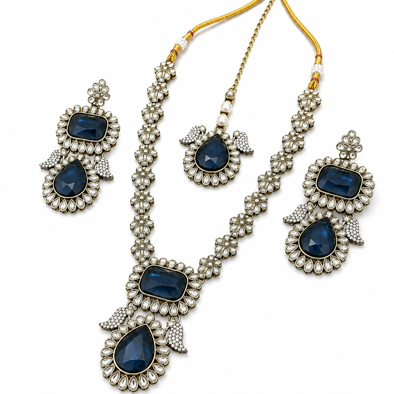 Joyce Élan Royale – Navy Blue Antique Kundan Long Necklace Set Jovera Joyce