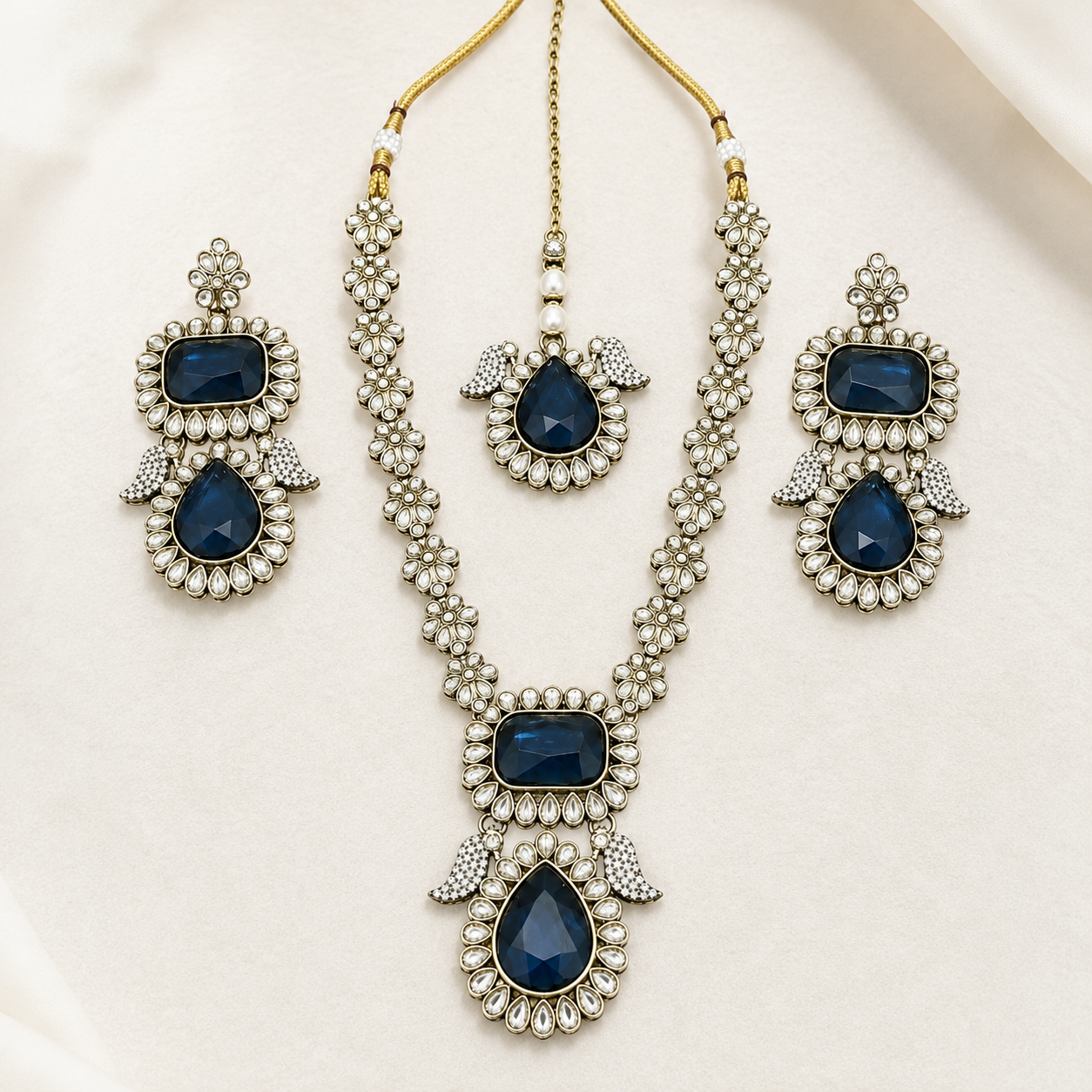 Joyce Élan Royale – Navy Blue Antique Kundan Long Necklace Set Jovera Joyce