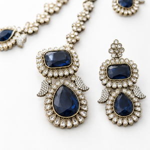 Joyce Élan Royale – Navy Blue Antique Kundan Long Necklace Set Jovera Joyce