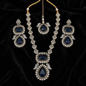 Joyce Élan Royale – Navy Blue Antique Kundan Long Necklace Set Jovera Joyce