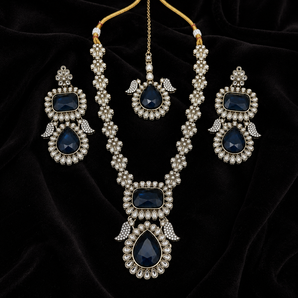 Joyce Élan Royale – Navy Blue Antique Kundan Long Necklace Set Jovera Joyce
