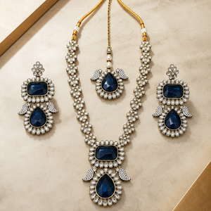 Joyce Élan Royale – Navy Blue Antique Kundan Long Necklace Set Jovera Joyce