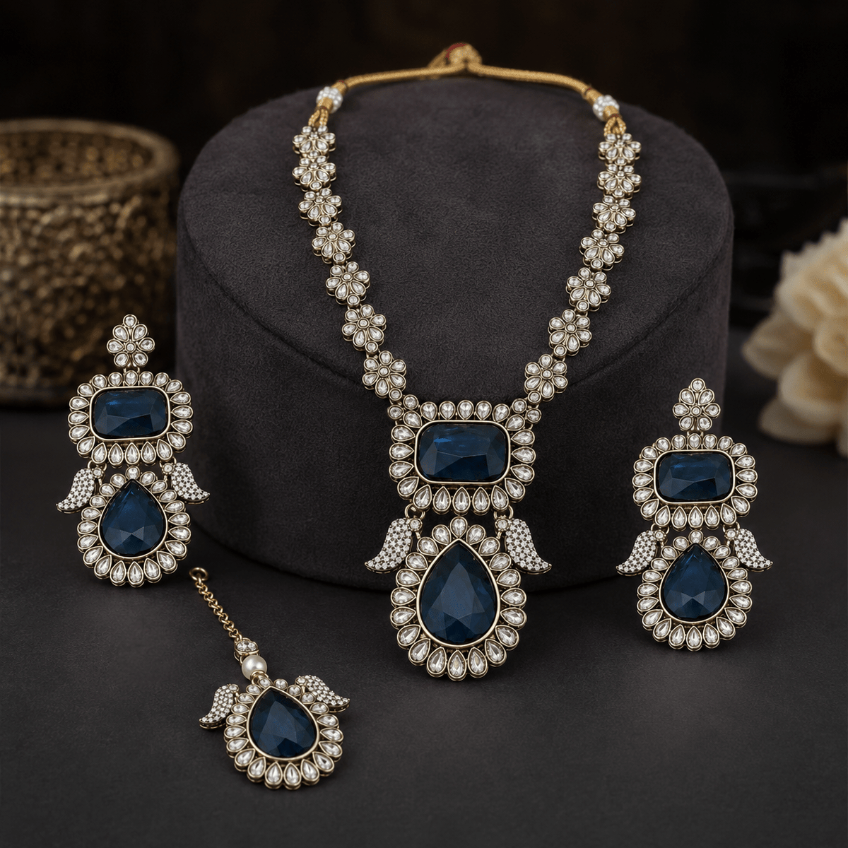 Joyce Élan Royale – Navy Blue Antique Kundan Long Necklace Set - Jovera Joyce