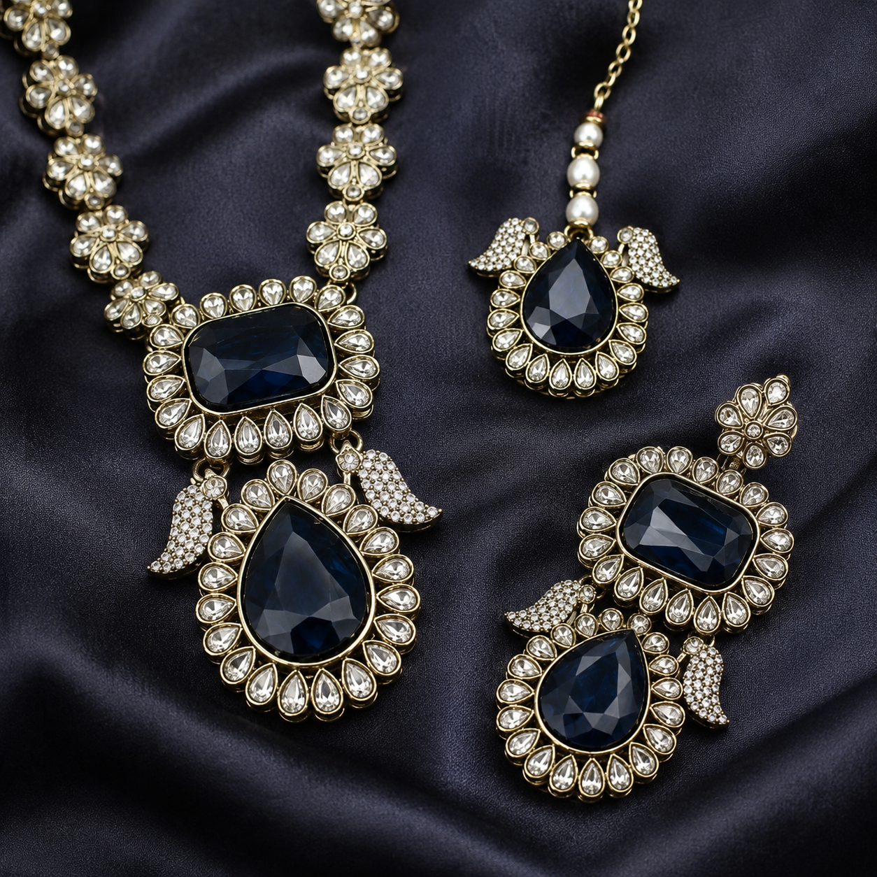 Joyce Élan Royale – Navy Blue Antique Kundan Long Necklace Set Jovera Joyce